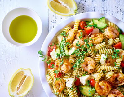 Lemony Grilled Shrimp Herb Pasta Salad
