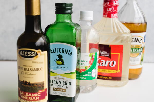 Balsamic Vinegar, White Vinegar, Apple Cider Vinegar, and cooking oils