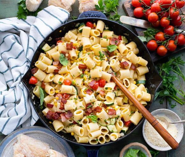 Pasta With Corn, Bacon, Tomatoes And Zucchini