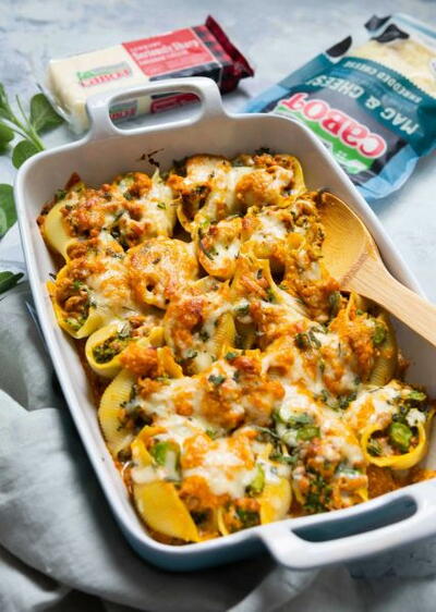 Cheesy Pumpkin and Spicy Sausage Stuffed Shells