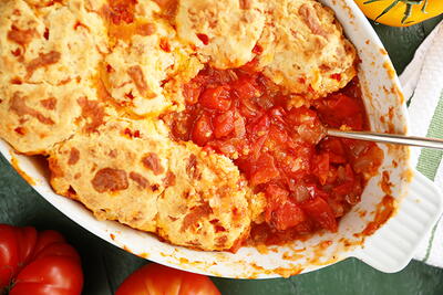 Southern Tomato Cobbler with Pimento Cheese Biscuits