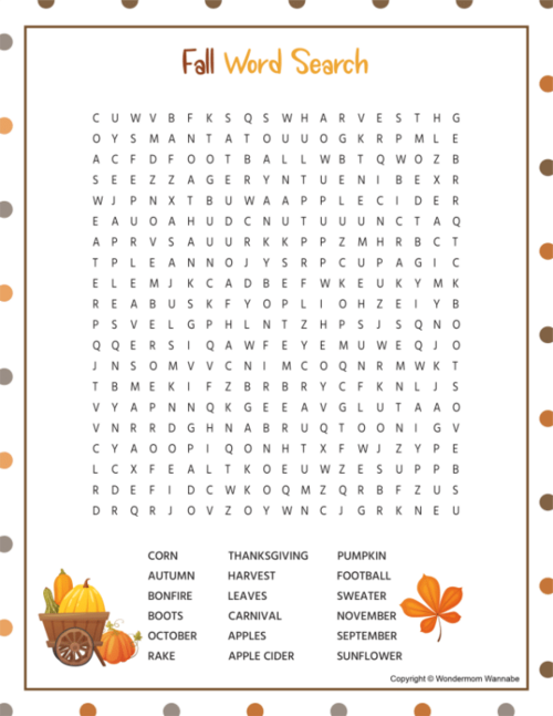 Free Printable Fall Word Search With Answer Key