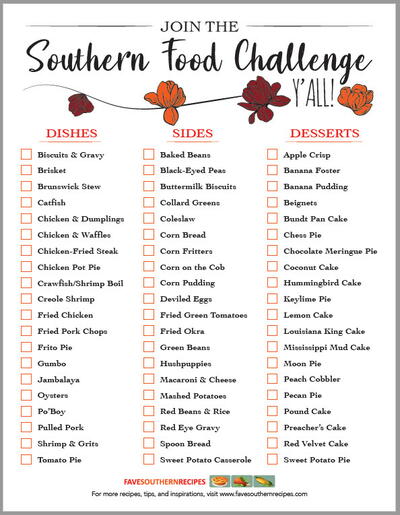 Southern Food Challenge Free Printable