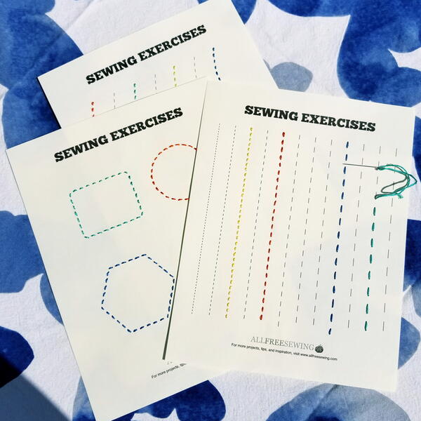Images shows three hand sewing worksheets.
