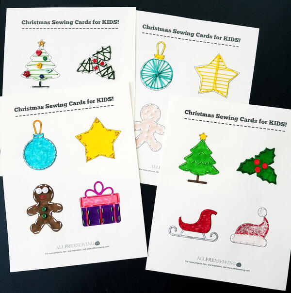 Image shows the colored in and sewn Christmas Shapes Printable Lacing Cards