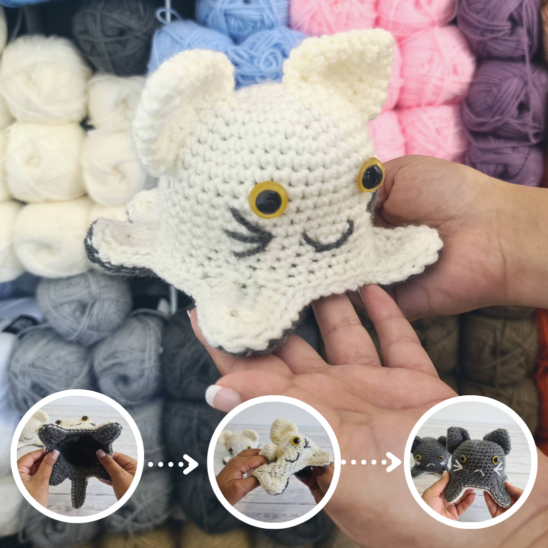 Crochet Reversible Cat Plush Mood Toy, no sewing required. Free