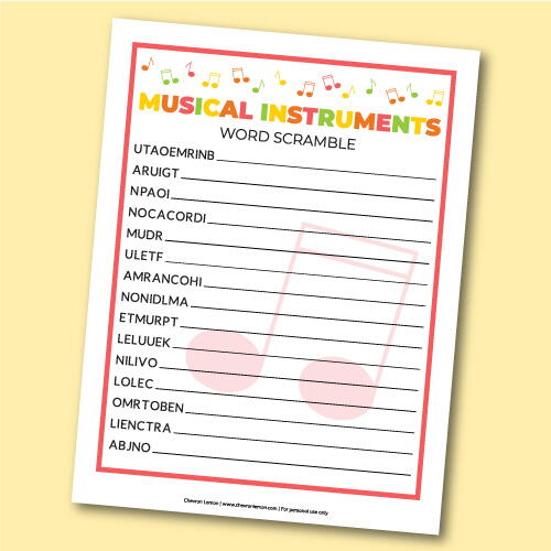 Printable Musical Instruments Word Scramble