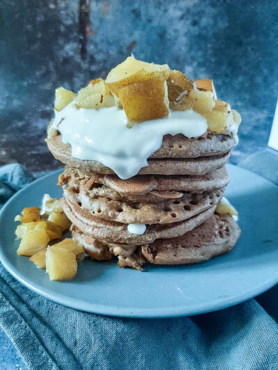 Vegan Gingerbread Pancakes with Coconut Yoghurt and Caramelized Pear