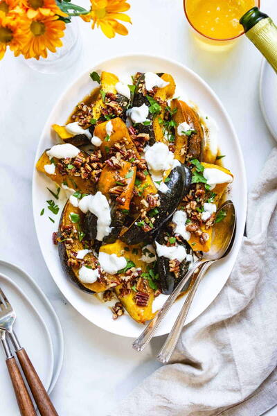Roasted Acorn Squash With Yogurt, Pecans, And Browned Butter