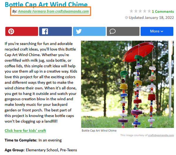 Amanda Formaro's Byline on her project the Bottle Cap Art Wind Chime