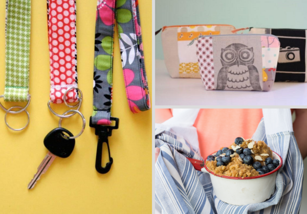 Image shows a collage of three pictures: On the left is a set of key lanyards, on the top right is a set of makeup bags, and on the bottom right is a person wearing a kitchen boa holding a pot of blueberry crumble.