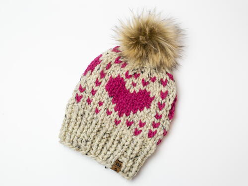 Chunky Hearts Fair Isle Hat Winter Toque Beanie Women Valentine's Day