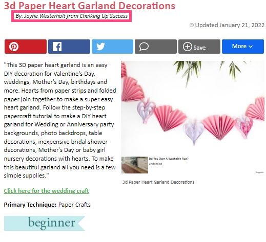 Jayne Westerholt's Byline on her project the 3D Paper Heart Garland Decorations
