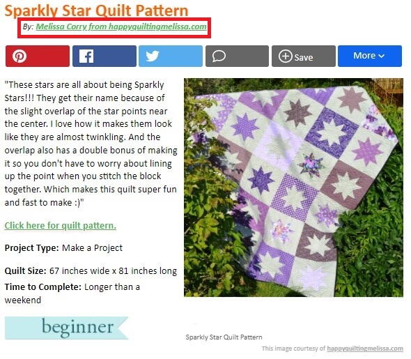 Melissa Corry's Byline on her pattern Sparkly Star Quilt Pattern
