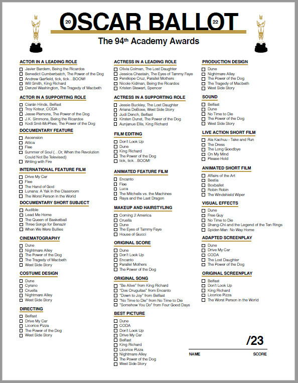 Oscar Ballot Printable 2022 Oscar Ballot Printable 2022
