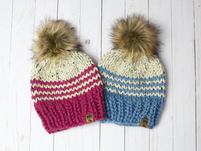 Color Block Pinstripe Winter Toque Pompom Hat 