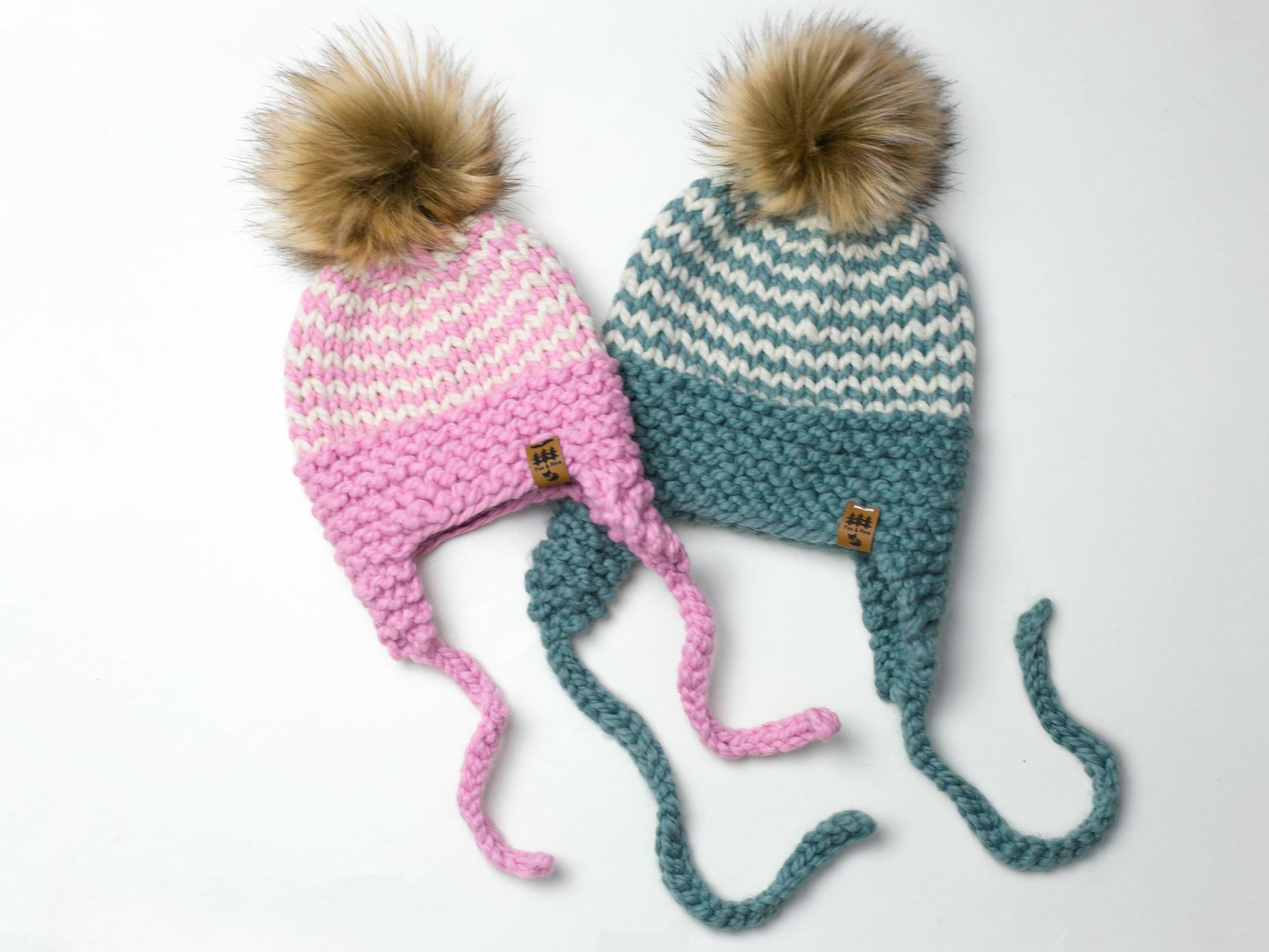 Pinstripe Ear Flaps Aviator Hat Toque Pompom | AllFreeKnitting.com