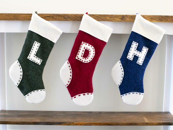 Monogram Christmas Stocking Upcycled Wool Sweaters Personalized Name Family Set