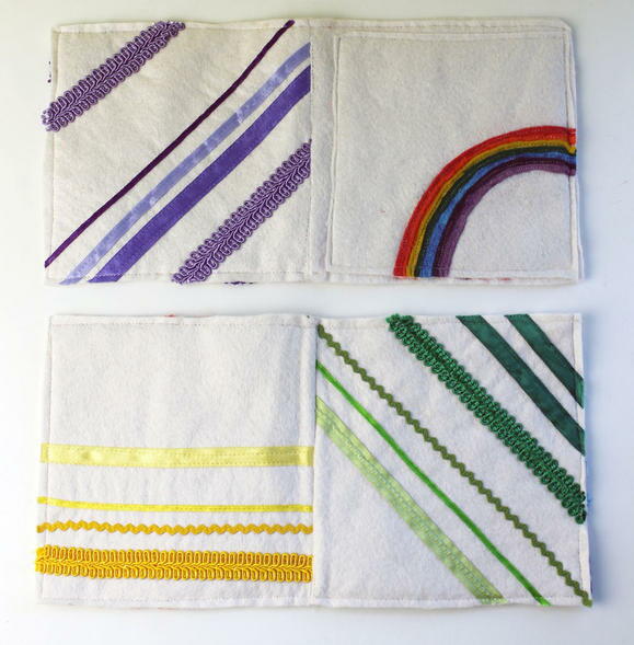 Baby's First Colorful Quiet Book Sewing Tutorial - four pages sewn of violet, the rainbow cover, yellow, and green.