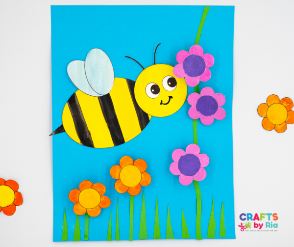 Paper Bee Craft With Colorful Flower Scene