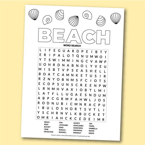 Printable Beach Word Search Puzzle