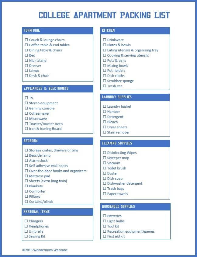 Printable College Apartment Packing List | AllFreePaperCrafts.com