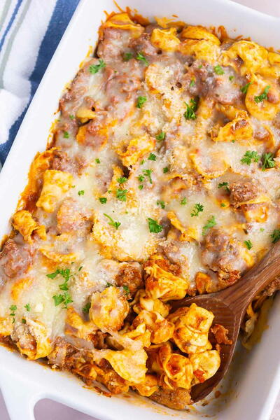 Easy Cheesy Baked Tortellini With Meat Sauce