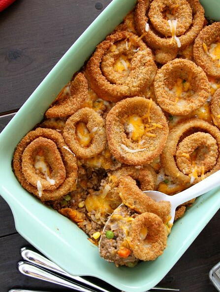 Onion Ring-Topped Cheesy Beef Casserole