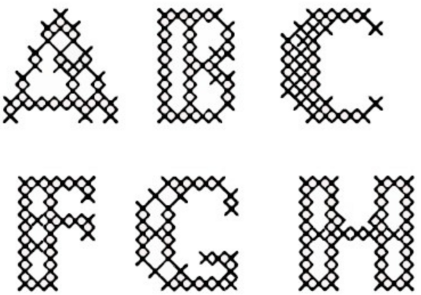 Image shows part of the cross-stitch alphabet and lettering hand sewing practice sheet.