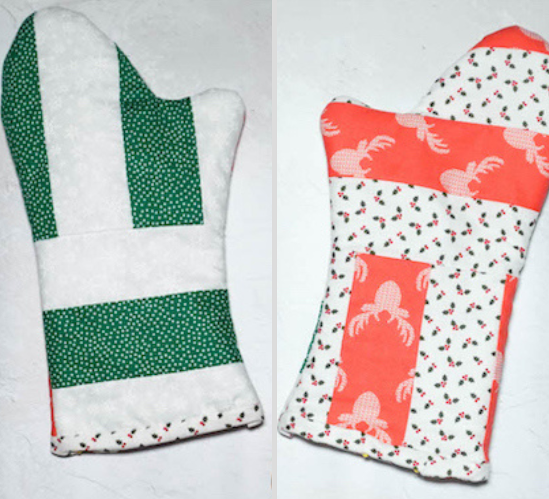 Quilted fabric scraps over mitts - DIY Oven Mitts and Hot Pads