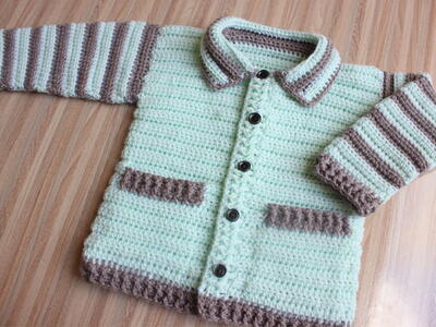Crocheted Strips Baby Pants With Collar& Pockets Cardigan Jacket Full Set 