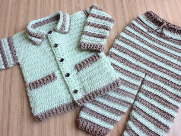 Crocheted Strips Baby Pants/collar Jacket Making With Pockets