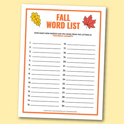 Printable Fall Word List Game