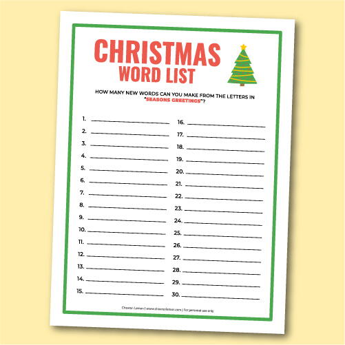 Printable Christmas Word List Game