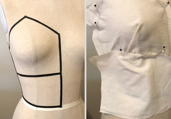 Image shows a mannequin before fabric draping and after.