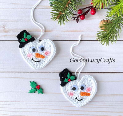 Crochet Heart Snowman Christmas Ornament