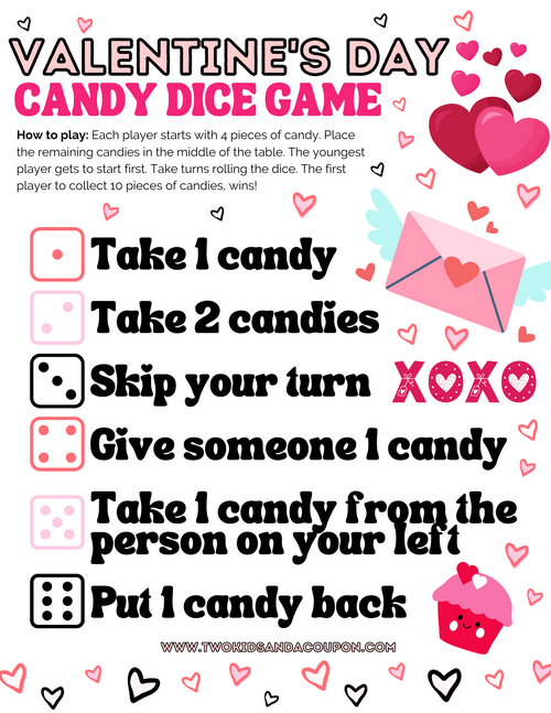 Free Valentine’s Day Printable Candy Dice Game