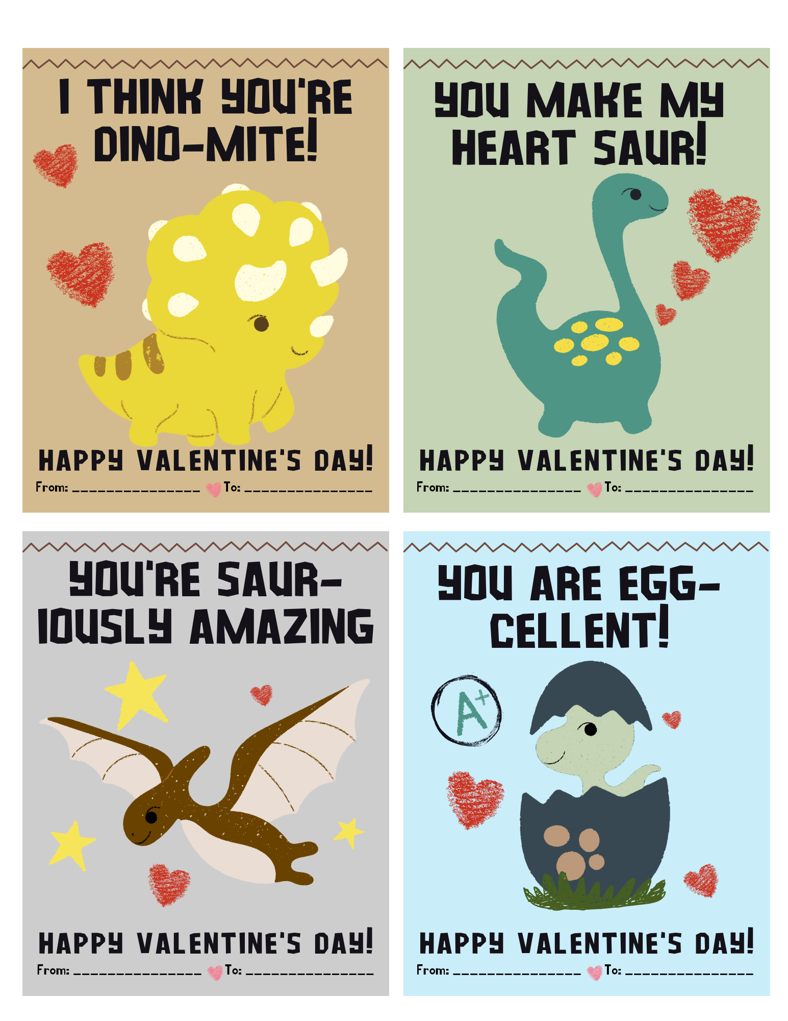 Free Printable Dinosaur Valentines | AllFreeHolidayCrafts.com