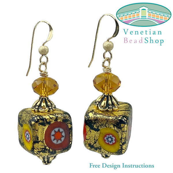 Gold Foil Cube Millefiori Earrings