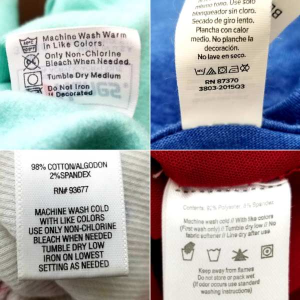Learn laundry care symbols. Image shows clothing tags that show washing and drying instructions.