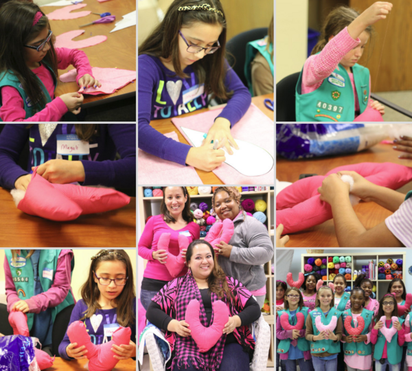 Image shows a collage of Girl Scouts sewing the mastectomy pillow pattern free.
