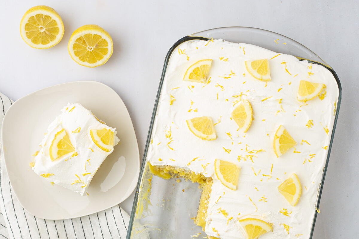 Lemon Pudding Poke Cake | TheBestDessertRecipes.com