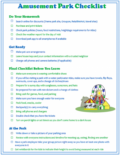 Printable Amusement Park Checklist