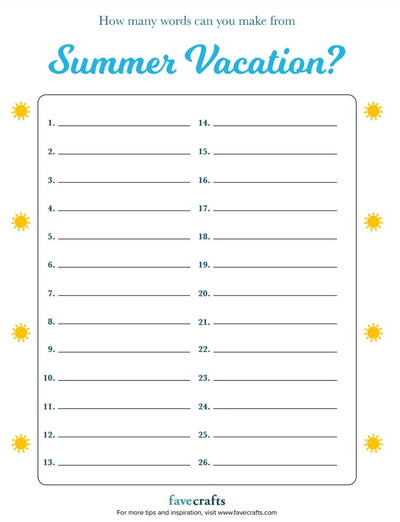 How Many Words Can You Make out of These Letters Game: Summer Vacation