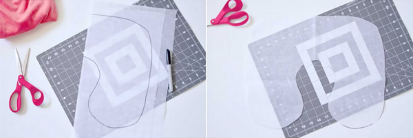 Image shows tracing paper template sketched on the left and on the right, the cut-out template. Both are on a cutting mat and there are scissors on the side.
