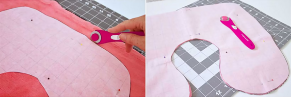 Image on the left shows the pinned template on fabric and a hand cutting out the piece with a rotary cutter. On the right, the cut-out fabric piece.