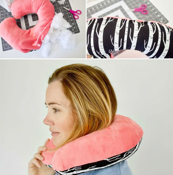 Image collage shows the pillow being stuffed at the top left. On the top right, the pillow stuffed and finished. On the bottom, image shows a woman in side profile wearing the finished DIY neck pillow.