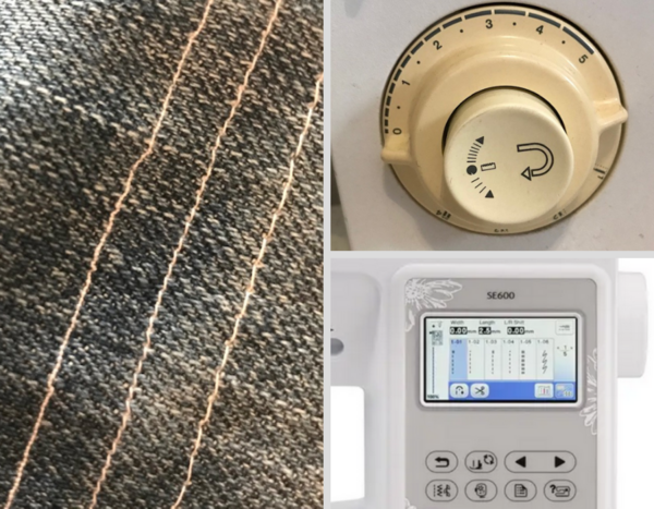 Image is a collage of three images. On the left is denim with three long vertical stitches. On the top right is a stitch length dial on a machine. On the bottom right is a digital screen on a machine used to adjust stitch length.