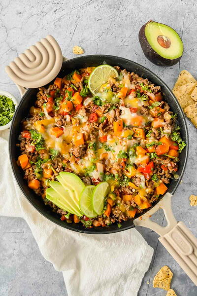 Southwest Ground Beef And Sweet Potato Skillet