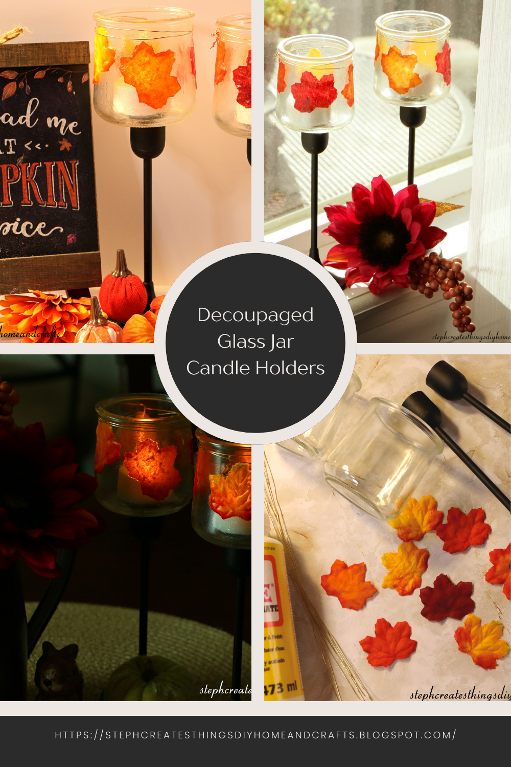 Decoupaged Glass Jar Candle Holders With Faux Leaves And Gold Wire